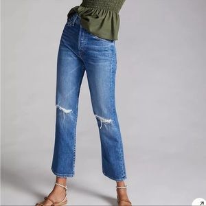 New Mother the Tomcat Straight Jeans blue denim dark ultra high rise distressed